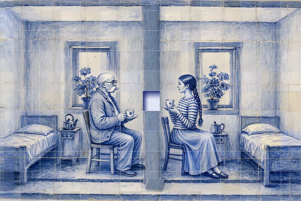 Morning. They sit on chairs facing each other across the hole, each with a cup of tea.