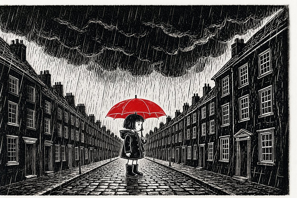 In a town where it always rains, a girl with a red umbrella.