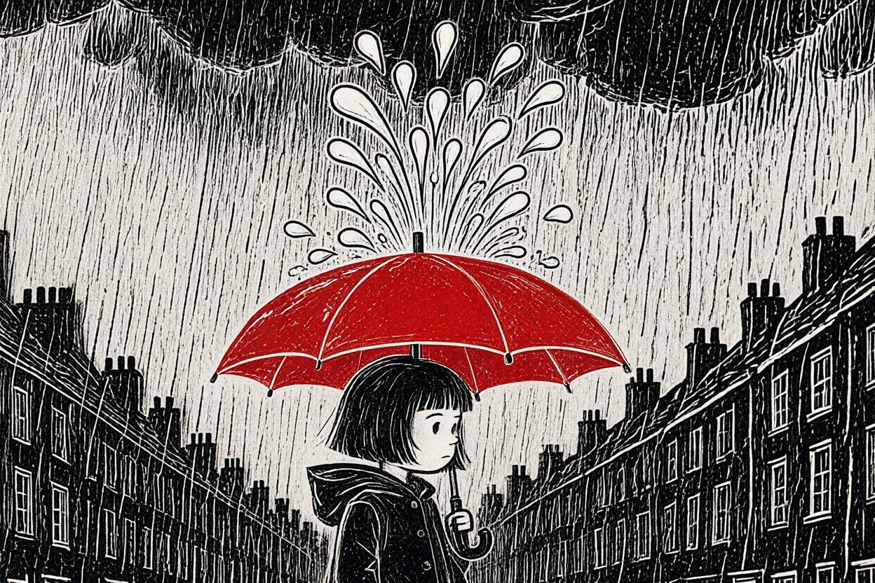 From her umbrella, the rain falls up.