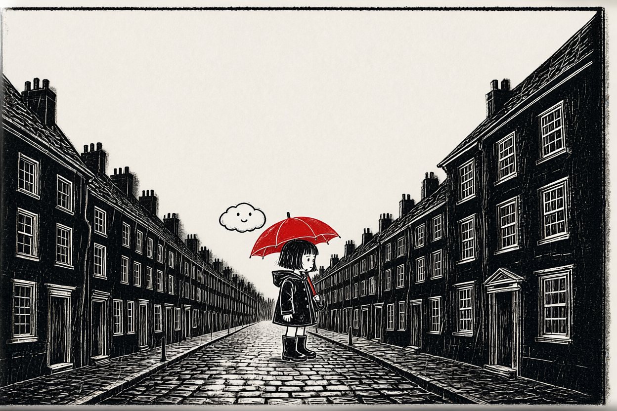 The little cloud follows her home.