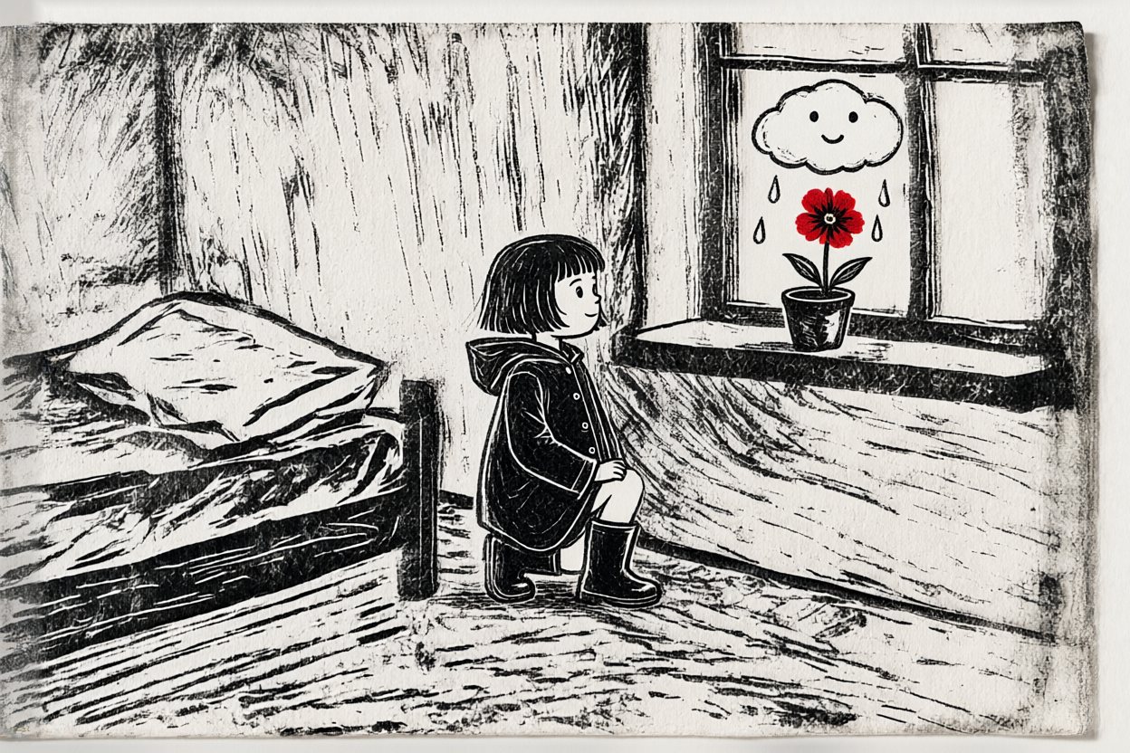 At home, it rains on her flower — exactly as much as it needs.
