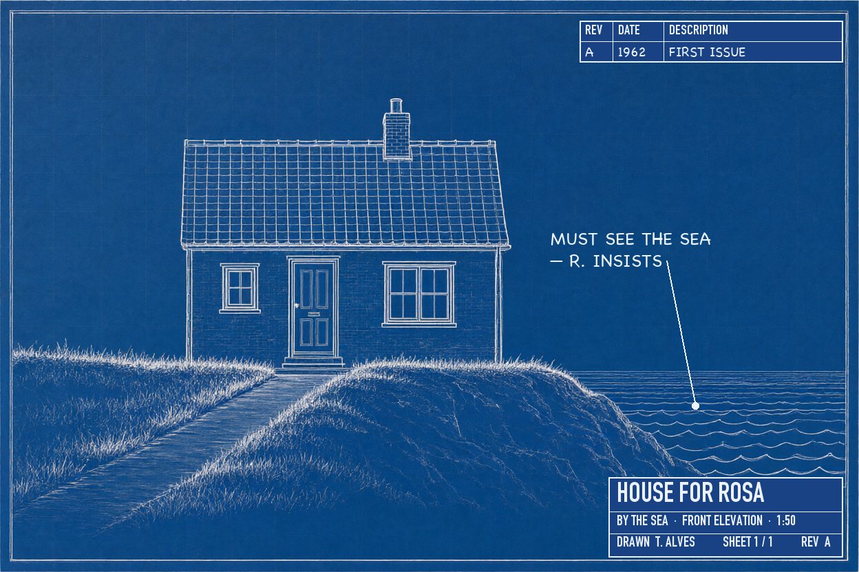 A blueprint: a small cottage on a cliff by the sea. Title block: House for Rosa, rev A. Revision block: A, 1962, first issue.