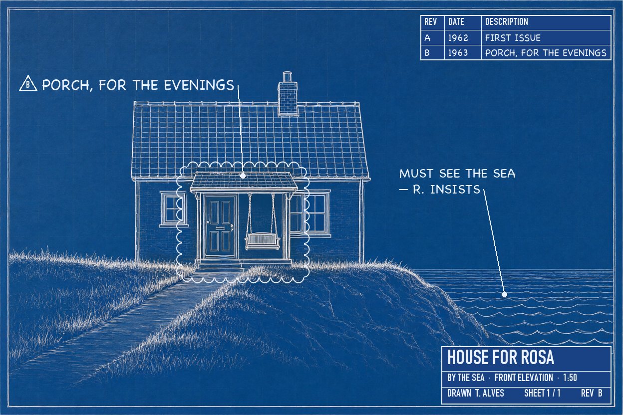 Revision B, 1963: a porch with a swing, ringed by a revision cloud — 'porch, for the evenings'.