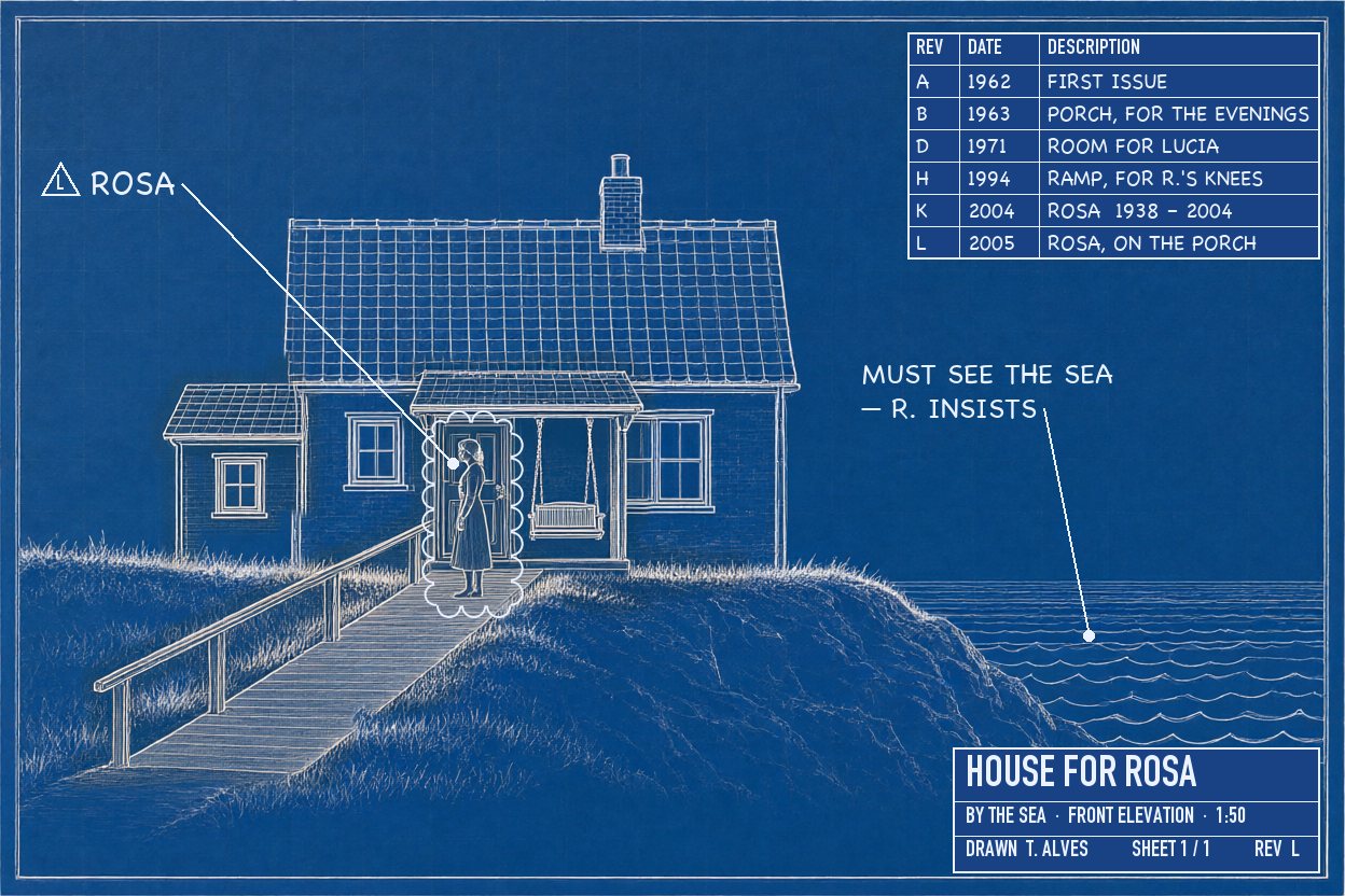 Revision L, 2005: a small figure of a woman on the porch, turned toward the ramp — 'Rosa'.