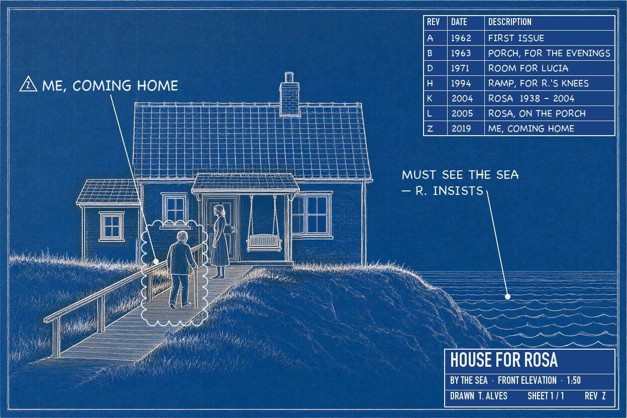 Revision Z, 2019: an old man with a stick walking up her ramp toward her — 'me, coming home'.