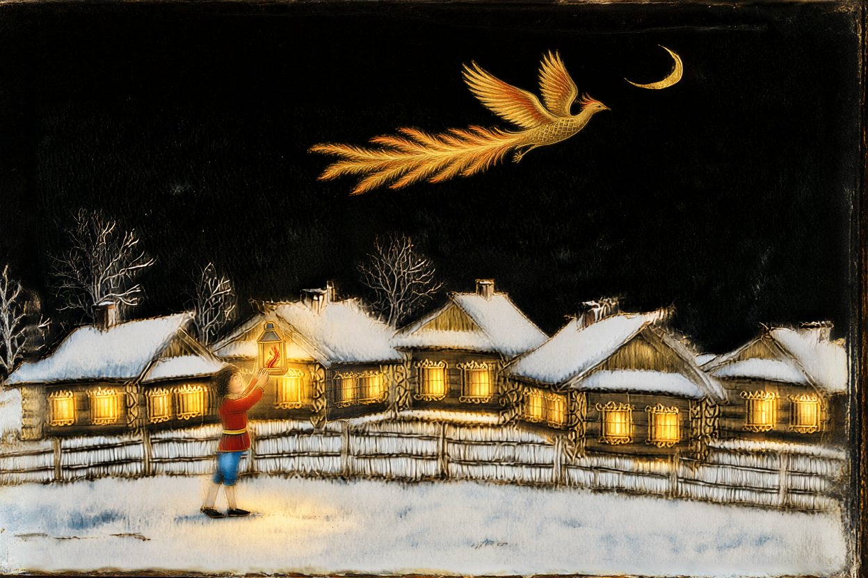 The Firebird flew home toward the moon, and let him keep the feather.
